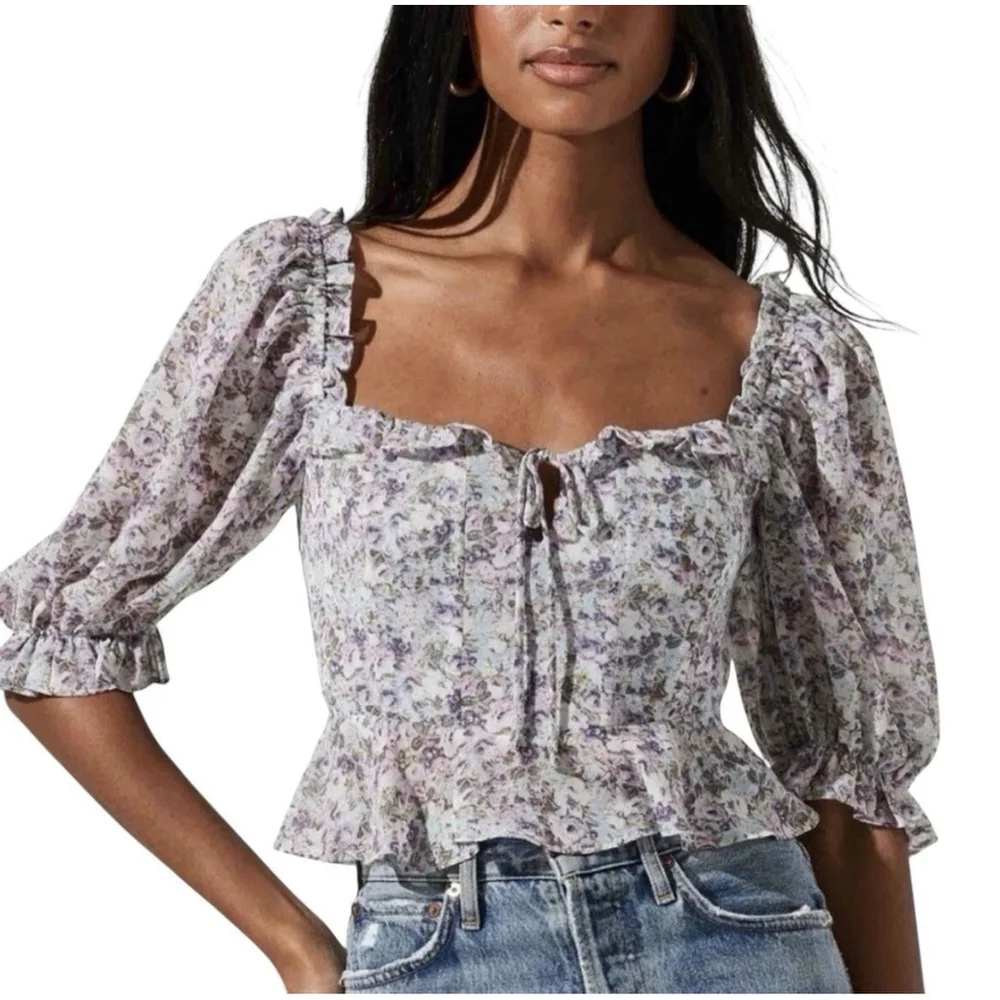 ASTR The Label Blue Ditsy Floral Corset Peplum Blouse Cottagecore Romantic Top S